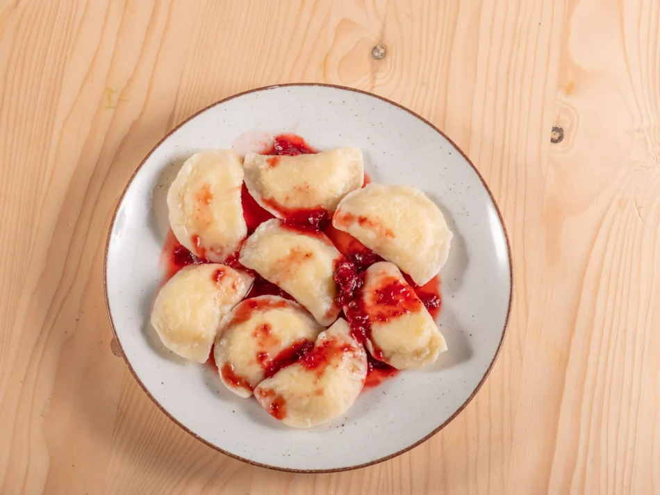 Our own homemade pierogi with cottage cheese and blueberries